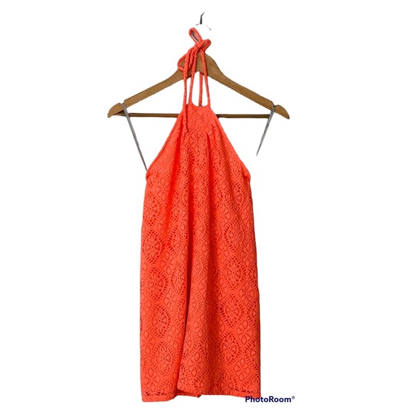 Lovers + Friends Dresses & Skirts - LOVERS + FRIENDS Lace Halter Mini Dress XS Coral Orange Crochet Dress Boho Beach